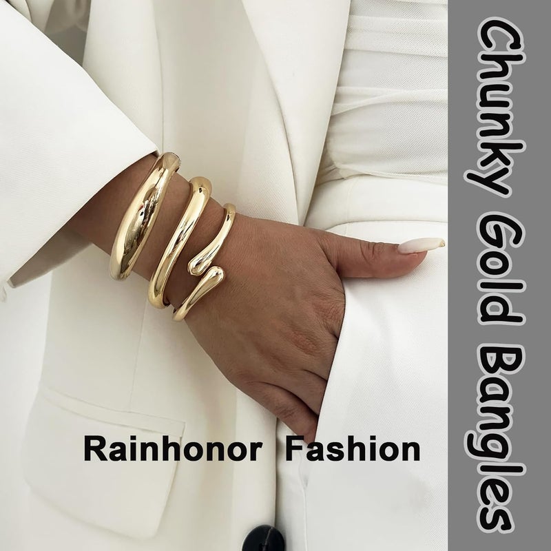 Rainhonor Chunky Gold Bangles Bracelets for Women Gold Cuff Bracelet Set Waterproof Non Tarnish Stack Bracelet for Women Gifts - Image 2